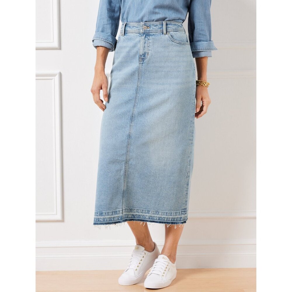 Talbots Drop Hem Denim Midi Skirt Size 12 A-Line Spring Wash Stretch NWT